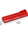 Side view of Magnetic Socket Accessory Holder Tray for One Quarter Inch Drive Tools Red Polypropylene Organizer with Rubberized Magnetic Base
