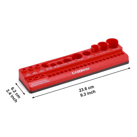 Side view of Magnetic Socket Accessory Holder Tray for One Quarter Inch Drive Tools Red Polypropylene Organizer with Rubberized Magnetic Base