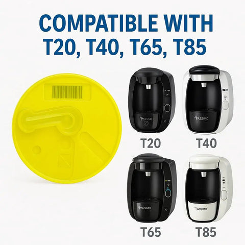 Efficient Tassimo Cleaning Disc For Descaling And Maintenance Fits T20 T40 T65 T85 Coffee Makers Service 621101 shown with compatible Tassimo machines