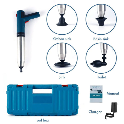 5 In 1 High Pressure Air Drain Blaster Plunger Kit for Toilet Sink Bathtub Shower and Floor Drains with versatile heads and tool box
