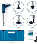Cordless Electric Toilet Plunger For Bathroom Clog Removal With Automatic Inflation And Pressure Gauge No Manual Pump For Quick Unclogging Of Toilet Pipes, multiple heads for different sinks and toilet, includes charger and toolbox