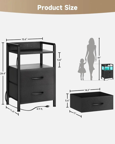 Nightstand With Charging Station And LED Light Strip, Modern End Table With USB Ports, AC Outlets, Storage Shelf And Two Fabric Drawers, product size diagram