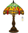 Green And Yellow Stained Glass Tiffany Dragonfly Table Lamp For Bedside And Desk Use, Reading Light With Antique Bronze Base, S009G Series