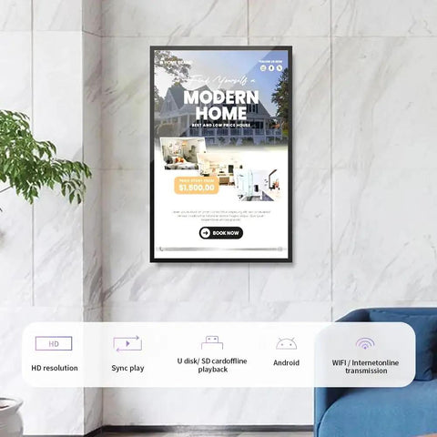 Top Shelf 98 Inch Wall Mounted 4K Digital Signage Display showcasing a modern home advertisement in a sleek indoor setting.