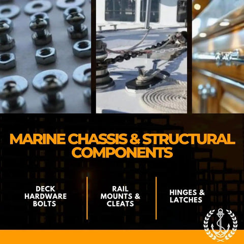 Marine chassis and structural components including deck hardware bolts, rail mounts, and hinges for boating equipment