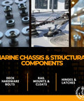 Marine chassis components including deck hardware bolts, rail mounts, cleats, hinges, and latches for boats.