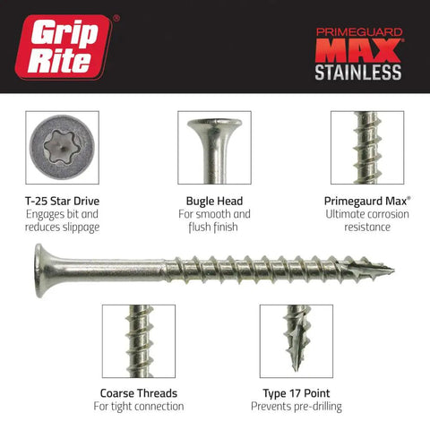 Grip Rite T-25 Star Drive Kick Butt 305 Stainless Steel Star Bugle Head Deck Screws for cedar and composite decks.