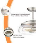 2 Light Semi Flush Mount Ceiling Light With Clear Glass Shade Brushed Nickel Finish showing E26 bulb base