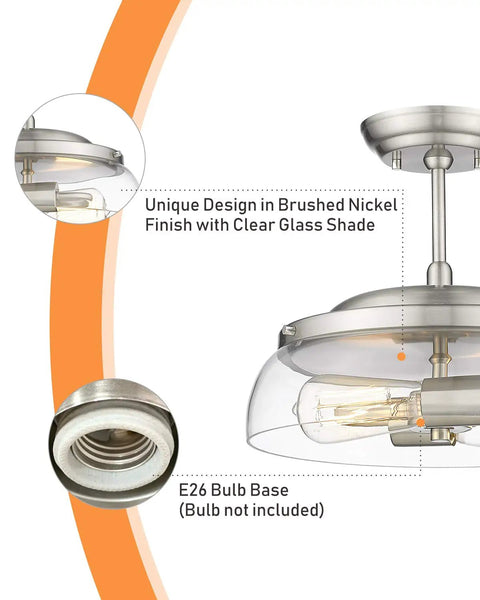 2 Light Semi Flush Mount Ceiling Light With Clear Glass Shade Brushed Nickel Finish showing E26 bulb base