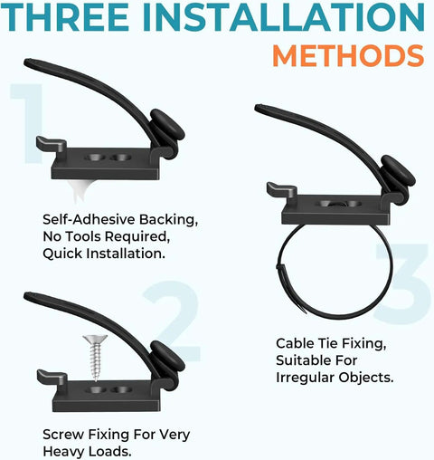 Three installation methods for Cable Management Kit With 15 Adhesive Cable Holders 15 Zip Ties 15 Screws 8 Silicone Cord Ties And 8 Adjustable Straps For Desk Computer TV Office Organization And Wire Cleanup