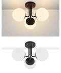 3 Light Dope Matte Black Semi Flush Mount Ceiling Light Fixture Modern Globe Sputnik Chandelier with three spherical shades lit and unlit