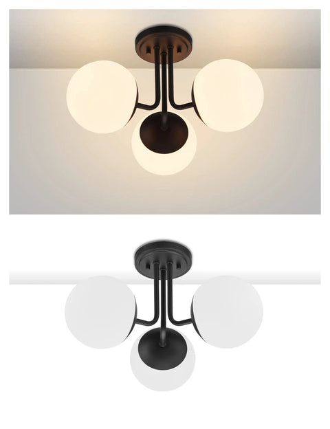 3 Light Dope Matte Black Semi Flush Mount Ceiling Light Fixture Modern Globe Sputnik Chandelier with three spherical shades lit and unlit