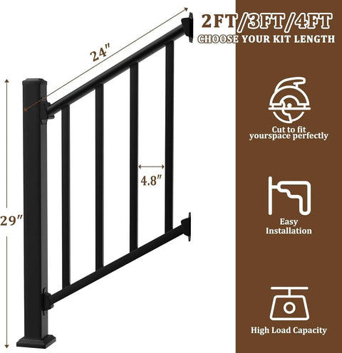Modular Black Stainless Steel Stair Railing Kit 36 Inches High By 2 Feet Long With Snap Fit Design for 24 inch high black railing.