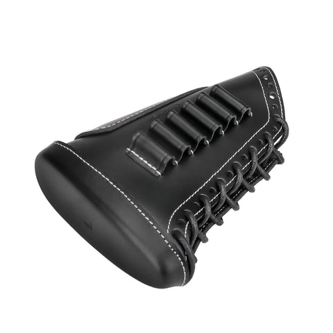 Leather Recoil Pad With Shell Holder For Rifle Buttstock Cheek Riser, Lace On, Black, Holds Up To Six Shells, Adjustable Strap