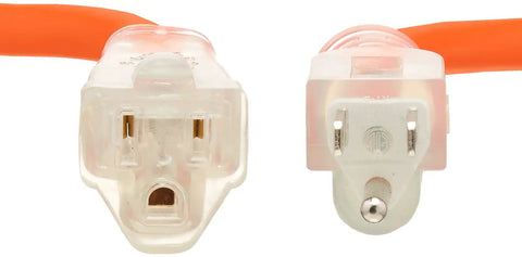 Beefy Heavy-Duty Lighted Extension Cord Two Pack for Indoor and Outdoor Use 100 Foot 12 Gauge SJTW plugs close-up view