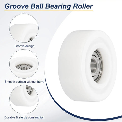 Pro Grade White Roller Idler Bearing Pulleys For Smooth Rolling Sliding Doors Heavy Duty Plastic Shells With Sealed Steel Bearings 4 Pack showing groove design and sturdy construction.