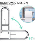 Ergonomic design of 23.6 Inch Stainless Toilet Safety Rails With Flip Up Handicap Grab Bar And Paper Holder for bathroom use.