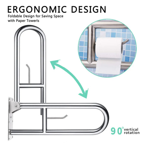 Ergonomic design of 23.6 Inch Stainless Toilet Safety Rails With Flip Up Handicap Grab Bar And Paper Holder for bathroom use.