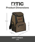 Lightweight 15 Can Backpack Cooler Insulated Bag Olive Green For Men And Women, shown with dimensions and empty weight