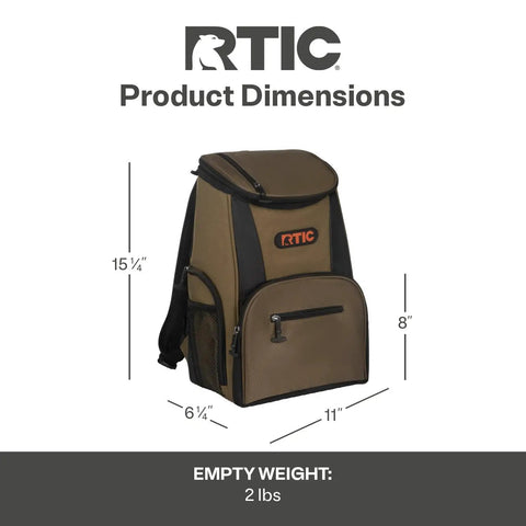 Lightweight 15 Can Backpack Cooler Insulated Bag Olive Green For Men And Women, shown with dimensions and empty weight