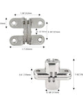 Hidden Gate Hinge Set For Cabinets 1-3/4 Inch Invisible Hinge with Concealed Barrel, dimensions labeled for each part.