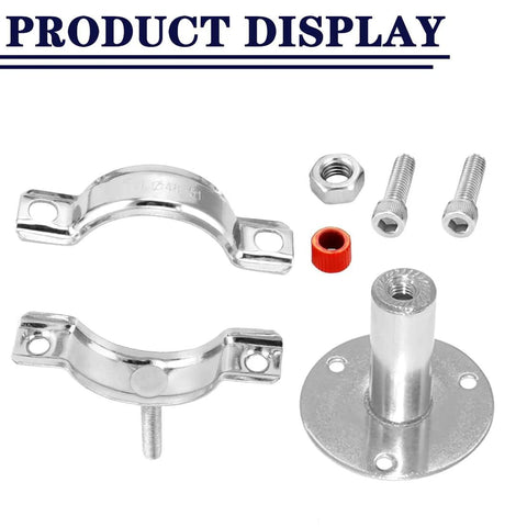 Two 2-inch stainless steel pipe support brackets with mounting flange, screws, nuts, and expansion sleeve.