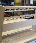 Side view of US Made Spray Can Lube Holder And 24 Slot Storage Rack Wood Shelf Organizer Case Built From Baltic Birch Plywood