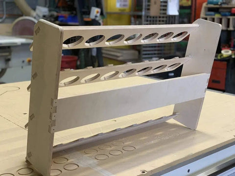Side view of US Made Spray Can Lube Holder And 24 Slot Storage Rack Wood Shelf Organizer Case Built From Baltic Birch Plywood