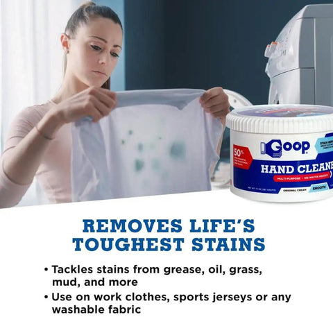 Grime Busting Hand Cleaner And Stain Remover Waterless Degreaser for Skin And Clothes Cream Formula visible with removed stains