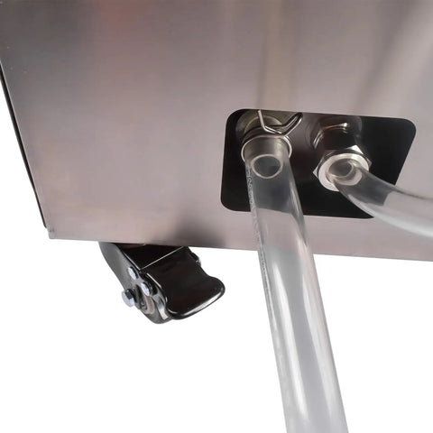 Close-up of Heavy Duty 55 Liter Commercial Fryer Oil Filter Cart showing stainless steel outlet and clear tubing.