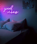 Good Vibes Neon Sign USB Powered With Switch Pink Purple LED Wall Decor For Bedroom Game Room Party Wedding Bar Living Space Plug In Anywhere Low Power Consumption Easy To Mount 16.1 By 8.2 Inches sign glowing on bedroom wall
