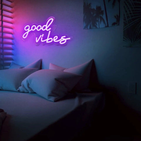 Good Vibes Neon Sign USB Powered With Switch Pink Purple LED Wall Decor For Bedroom Game Room Party Wedding Bar Living Space Plug In Anywhere Low Power Consumption Easy To Mount 16.1 By 8.2 Inches sign glowing on bedroom wall