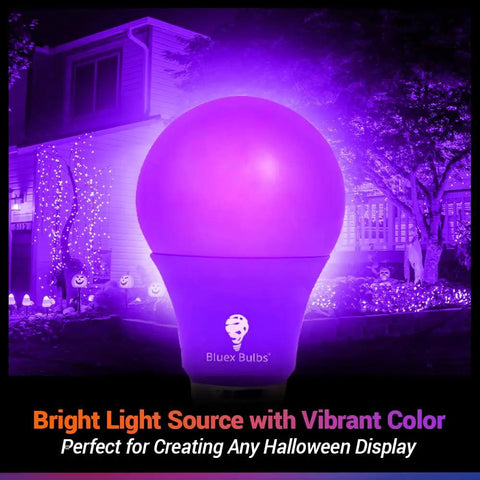 Blue LED A19 2 Pack 9W 60W Equivalent Non Dimmable E26 Base Blue Light Bulbs illuminating a house for festive decor.