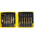 13 Piece Drill Tap Bit Set With Metric And SAE Sizes, Titanium Coated High Speed Steel Tapping Bits in yellow organizer case