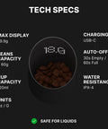 Subscale Digital Dosing Cup With LED Display Sleek Black Scale For Espresso Brewing showing tech specs and capacity details