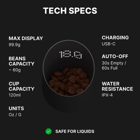 Subscale Digital Dosing Cup With LED Display Sleek Black Scale For Espresso Brewing showing tech specs and capacity details
