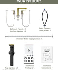 Top Shelf Brushed Gold 3 Hole 8 Inch Widespread Bathroom Sink Faucet parts, including faucet, handles, drain, and instructions.