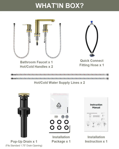 Top Shelf Brushed Gold 3 Hole 8 Inch Widespread Bathroom Sink Faucet parts, including faucet, handles, drain, and instructions.