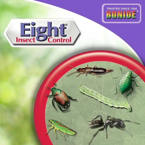 Eight Insect Control Garden And Home Outdoor Insecticide Kills Beetles Ants Aphids And More 32 oz bottle label with insects