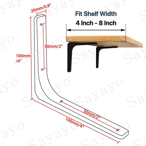 Diagram showing dimensions of 4 Pack Iron Wall Shelf Brackets 4 x 4 Inch Heavy Duty Shelf Support And Joint Angle Brackets Matte Black with shelf fitting details.