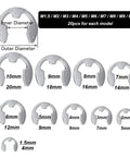 Diagram of snap rings in Massive 200 Piece External Snap Ring Kit With Ten Sizes E Clip Rings In 304 Stainless Steel Open Rings One Point Five To Ten Millimeters All In One Handy Fastener Set For Auto Bike And Machinery Repairs, showing inner and outer diameters.