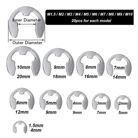 Diagram of snap rings in Massive 200 Piece External Snap Ring Kit With Ten Sizes E Clip Rings In 304 Stainless Steel Open Rings One Point Five To Ten Millimeters All In One Handy Fastener Set For Auto Bike And Machinery Repairs, showing inner and outer diameters.