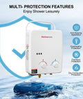 Propane Tankless Water Heater For Outdoors On Demand Hot Water 1.32 GPM Portable Gas Heater For Camping RV Boat And Hiking 5L White Lightweight Easy To Use, showing front view with safety icons.