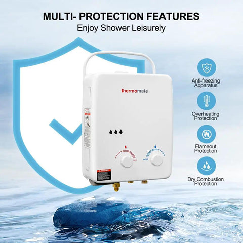 Propane Tankless Water Heater For Outdoors On Demand Hot Water 1.32 GPM Portable Gas Heater For Camping RV Boat And Hiking 5L White Lightweight Easy To Use, showing front view with safety icons.