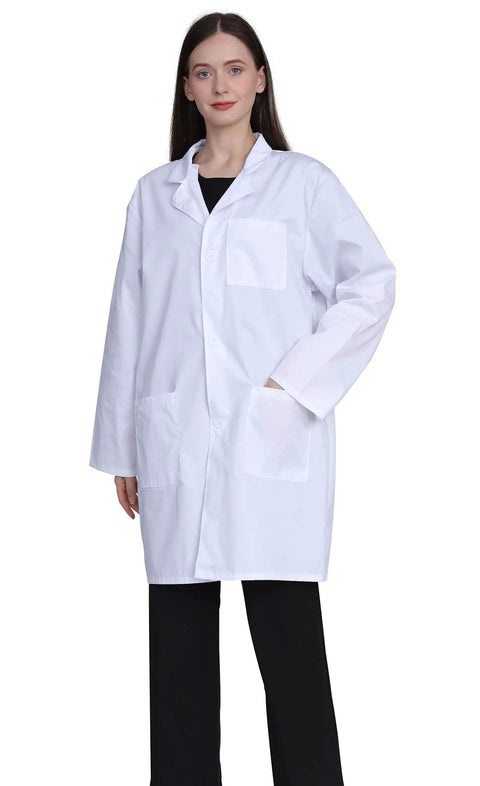 Pro Grade Lab Coat For Women In Cotton Blend Long Sleeve Medical Coat White Durable Unisex Fit With 2 Patch Pockets And Chest Pen Divider