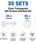 Dope Transparent M4x12mm Acrylic Screws With Matching Hex Nuts Kit No Sweat Assembly Sweet For DIY Model Building Display Cases Straight Up Quality Bangin 35 Piece Hardware Set with clear screw and nut details.