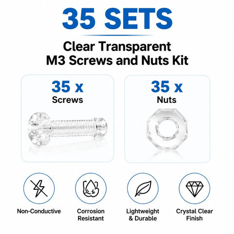 Dope Transparent M4x12mm Acrylic Screws With Matching Hex Nuts Kit No Sweat Assembly Sweet For DIY Model Building Display Cases Straight Up Quality Bangin 35 Piece Hardware Set with clear screw and nut details.