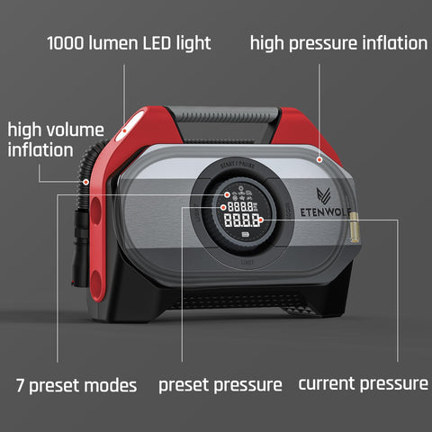 Vortex S6 Beast Cordless Tire Inflator Air Compressor with display, LED light, and settings for heavy duty vehicles and cars