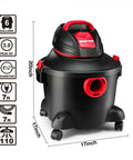 Heavy-Duty 6 Gallon Wet Dry Vacuum With 3 Peak HP Power, flexible hose, and blower port in black and red design with measurements.