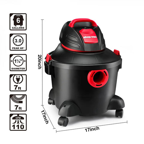Heavy-Duty 6 Gallon Wet Dry Vacuum With 3 Peak HP Power, flexible hose, and blower port in black and red design with measurements.